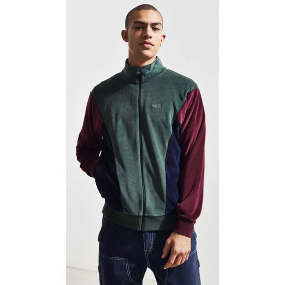 STUSSY Velour Paneled Track Zip Up Jacket Retro Street Y2K Mod Colorblock Size S